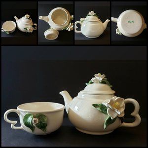 Mud Pie Ceramic Teapot and Cup w/ Raised Flowers
